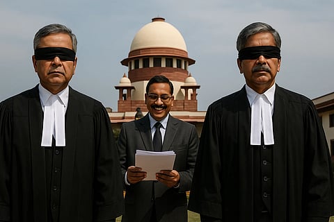 Two justices standing with blindfolds while a government official looks over judgements in the background.