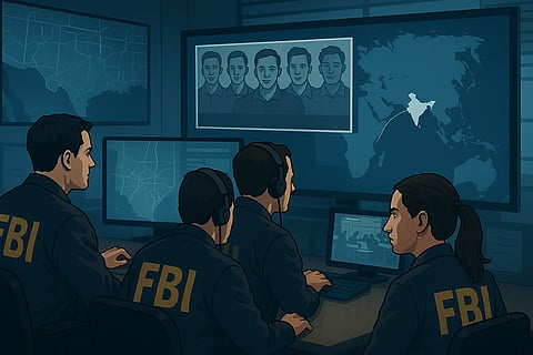 FBI officers in their uniform tried to find someone. In the computer is Indian Geographical location in world map highlighted and images of some people
