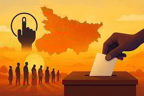 Silhouetted figures line up to vote against a vibrant sunset. A hand places a ballot in a box, with a state map and large voting symbol in the sky.