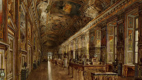 Image of The Galerie d'Apollon, the Louvre – Victor Duval (1795 - 1868), the place where the infamous heist was conducted in 8 minutes. The image contains priceless jewellery in glass containers and art on walls and ceilings.
