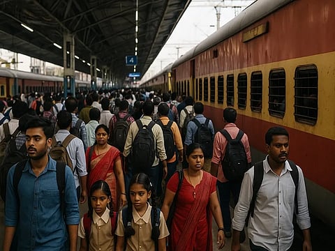 AI-generated image of a crowd on a railway platform.