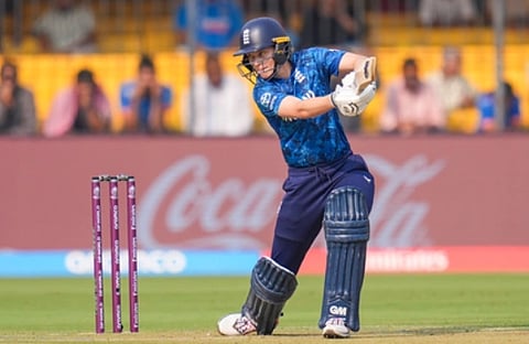 England's Amy Jones plays a shot during the ICC Women’s World Cup ODI match between India Women and England Women at Holkar Stadium in Indore on Sunday, October 19, 2025. 