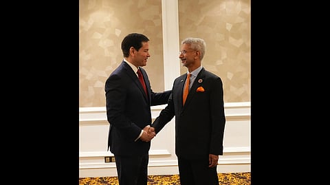 External Affairs Minister S. Jaishankar shaking hands with U.S. Secretary of State Marco Rubio in Kuala Lumpur, Malaysia.