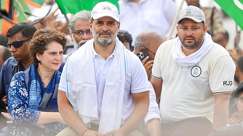 Rahul Gandhi Priyanka Gandhi and Tejashwi Yadav are sitting in protest