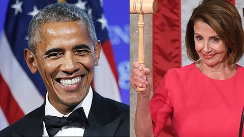 Image of Barack Obama wearing a black suit with black bow tie. On the right side, nancy pelosi is seen wearing a pink dress while holding a wooden hammer on her right hand.