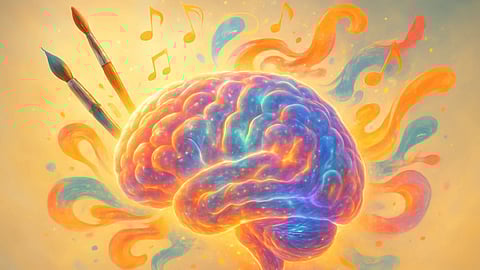 Conceptual illustration of a glowing human brain surrounded by colorful paintbrushes, musical notes, and abstract swirls representing creativity and mental rejuvenation.