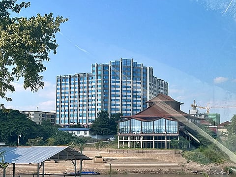 Buildings in the Shwe Kokko in Myawaddy Township, Karen State (Myanmar), along the Moei River, as seen from the Thai side.