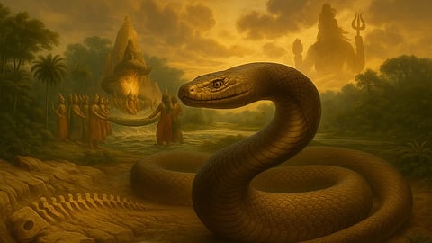 A realistic digital illustration of the giant prehistoric snake Vasuki indicus coiled in an ancient Indian landscape with Lord Shiva’s faint silhouette on one side and the depiction of Samudra Manthan on the other in the background.