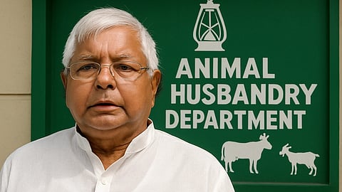 Lalu prasad yadav and behind him is the animal husbandary department board