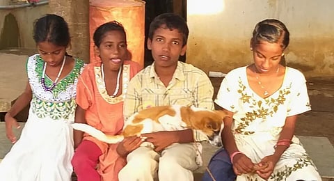 four children sit next to each other. one is holding a dog and looking into the camera.