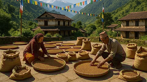 A serene mountain village in Nepal where farmers are drying and sorting sacred Buddha Chitta seeds under the sunlight.