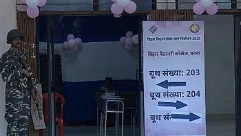 Poll staffs at a polling booth in Bihar on 6 November 2025, during the start of the first phase of assembly elections in 18 districts.