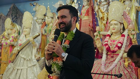 Zohran Mamdani giving a speech at a temple in Queens, New York on Diwali.