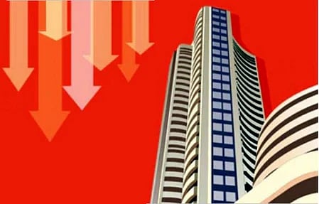 an animated image of a highrise building in front of a red background with arrows pointing downwards.