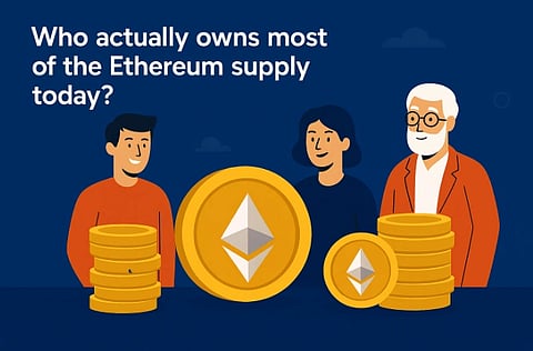 Graphical image of three animated characters standing in front of a dark blue background. the image includes a text- 'Who actually of the Ethereum supply today?' 