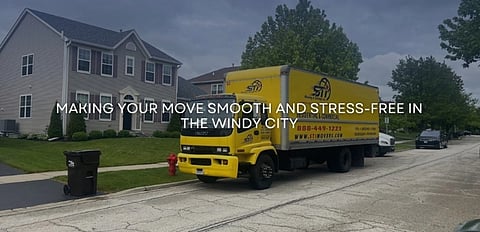 A yellow moving truck parked on a suburban street beside a two-story house, with text overlay: "Making your move smooth and stress-free in the Windy City."