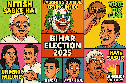 Comic-style image satirizing the Bihar Election 2025, featuring caricatures, exaggerated emotions, and phrases like "Vote for Cash" and "Landslide Victory."