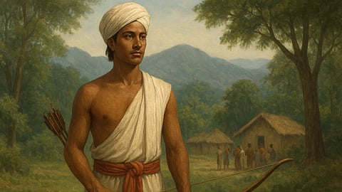 An AI image of Bhagwan birsa Munda in a tribal attire carrying bow and arrow. There are huts and villagers in the background along with trees suggesting a Adivasi community.