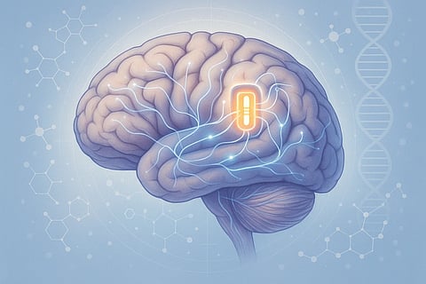 Illustration of a brain with glowing neural pathways and a pill symbol. Background features light DNA and molecule patterns on a soft blue gradient.