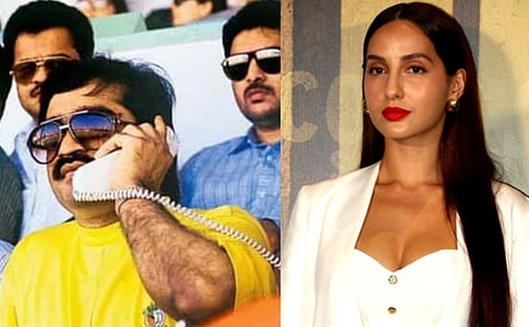 image on the left is an old photograph of drug lord dawood Ibrahim calling someone. he is wearing a yellow t shirt. Right image is of actor Nora fatehi.