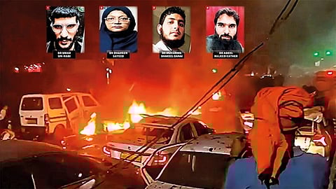 Burning cars line a dark street, emitting flames and smoke. Four headshots with names hover above, suggesting significant context or involvement.