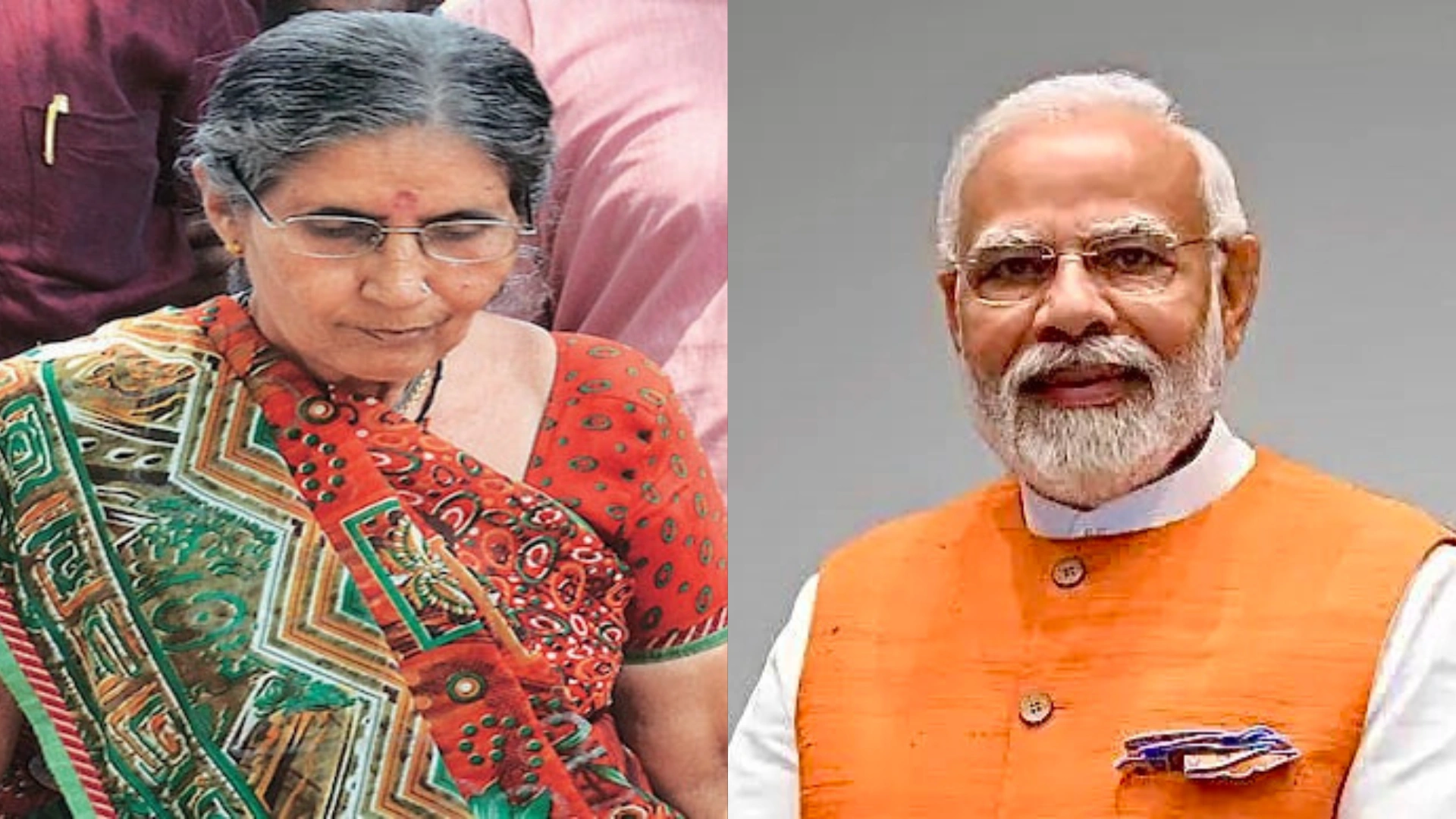 In the image Jashodaben Modi is shown in Gujarati style saree and PM Modi is shown wearing an Indian no sleaves coat
