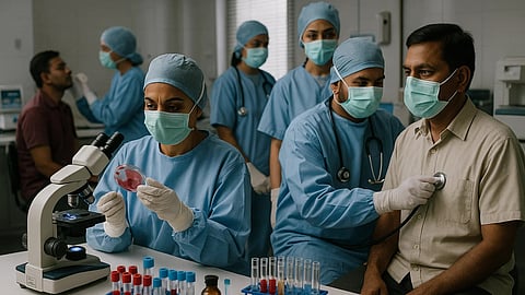 Medical team in scrubs and masks performing health checks in a lab. A doctor is listening to a patient's heartbeat; another examining samples under a microscope.