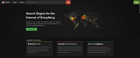 A screengrab of the Shodan homepage. It lists tabs for other pages, a search bar, text reading "Search Engine for the Internet of Everything", a sign-up button, and a heatmap of devices across the world.