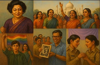 A collage of diverse scenes: Shakuntala Devi in a sari, Transgender women marching , a person with a rainbow flag, a man with a photo, and two uniformed figures sharing a moment. 