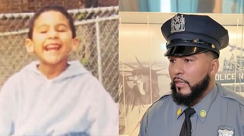 Two side-by-side images: On the left, a young child in a light hoodie smiles joyfully with eyes closed in front of a chain-link fence. On the right, an adult in a police uniform with a serious expression. 