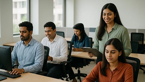 Office scene with five people working on computers. A woman in a green shirt stands smiling with a tablet, while others focus on their tasks. Bright, professional atmosphere.