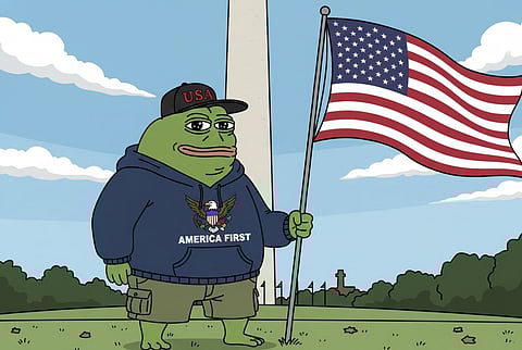 A graphic of Groyper the frog standing in font of the Washington monument in an 'America First' hoodie, 'USA' cap, and shorts, while holding an American flag.