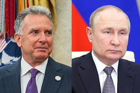 Left Image is of White House envoy Steve Witkoff  and image in the right is of Russian president Vladimir Putin. Both the men are  in formal suits, one with gray hair looking left, the other bald looking straight. Backgrounds show national flags.