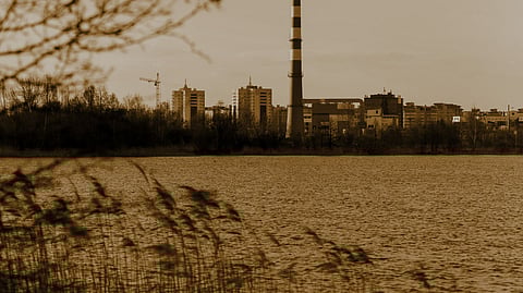 A large lake foregrounds an urban scene, with tall grass along the shore. In the distance, a red and white smokestack and city buildings touch a cloudy sky.
