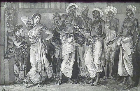 A grayscale illustration depicts a group of traditionally dressed Indian women and men. The women appear engaged in conversation while the men hold bags, possibly vendors. The setting suggests a bustling street scene, with a dynamic and social atmosphere.