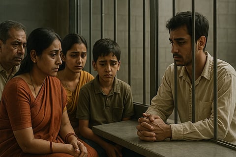 A family sits across from a young man in a jail cell. Everyone is visibly sad.