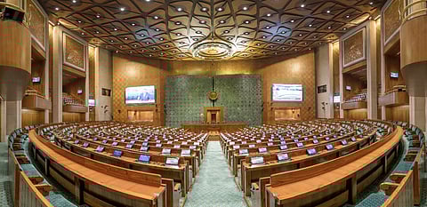 This is an empty Lok Sabha House Chamber in the new Parliament building.