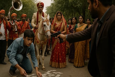 A teen bends down to collect money from the ground at a barat. A man points a gun at the boy as he looks up.