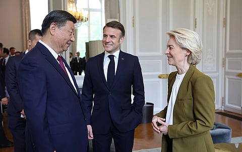 Image of General Secretary of the Communist Party of China Xi Jinping meeting with President of France Emmanuel Macron and President of the European Commission Ursula von der Leyen, during Xi's visit to France.