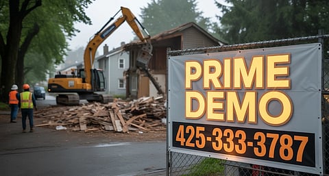 Construction site with an excavator demolishing a house. Debris is scattered on the ground. A sign reads "PRIME DEMO, 425-333-3787." Workers in hard hats observe.