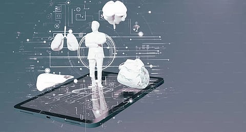 A graphic of a doctor standing on top of a tablet, surrounded by symbols representing organs like a brain, lungs, liver, etc.