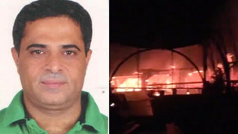 Image of Ajay Gupta who is the co owner of Goa night club in a green shirt on the left side of the image has a neutral expression. On the right, a large fire is engulfing the birch by romeo night club bat night.