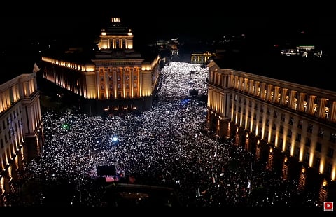 Thousands gather at the Triangle of Power in Bulgaria's capital Sofia, demanding the resignation of the PM and government over allegations of corruption.