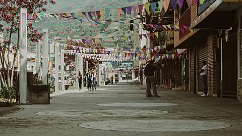Pedestrian street adorned with colorful bunting flags, flanked by buildings and trees. People stroll leisurely, creating a vibrant, festive atmosphere.