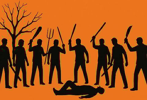 A graphic of a mob with weapons satnding over a body, with a tree in the background.