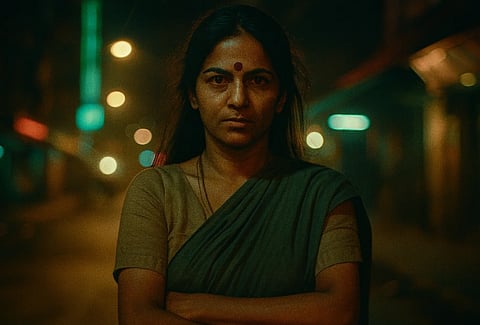 A woman stands in a dimly lit street at night, gazing intently at the camera. She wears traditional clothing, conveying a serious and determined mood.