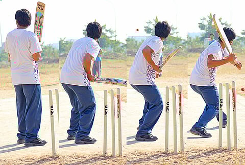 4 progressive shots of a boy about to hit the ball during a cricket match.