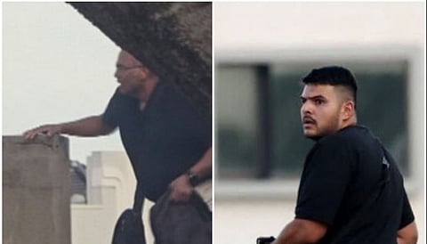 Two photos taken during the Bondi Beach massacre: Sajid Akram on the left, Naveed Akram on the right.