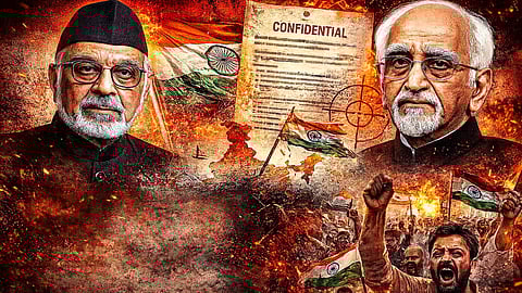 Fiery collage with IK Gujral and Hamid Ansari, each wearing glasses and traditional hats, flanking a "Confidential" document. Below, a passionate crowd waves Indian flags.