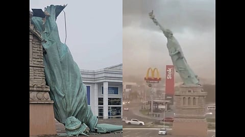 A split image shows left: a leaning replica of the Statue of Liberty against a building, looking unstable. Right: another replica tilted in windy weather beside a McDonald's sign.